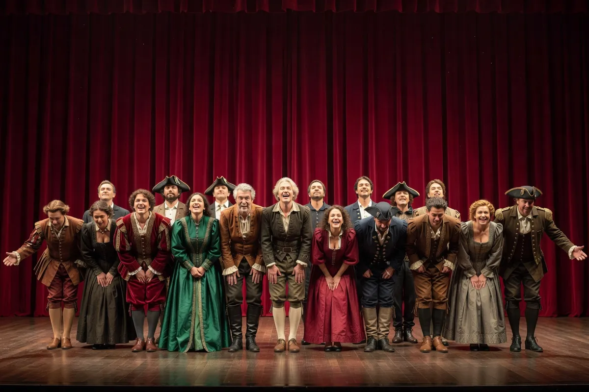 Comédiens en costumes saluant devant un rideau rouge sur une scène de théâtre
