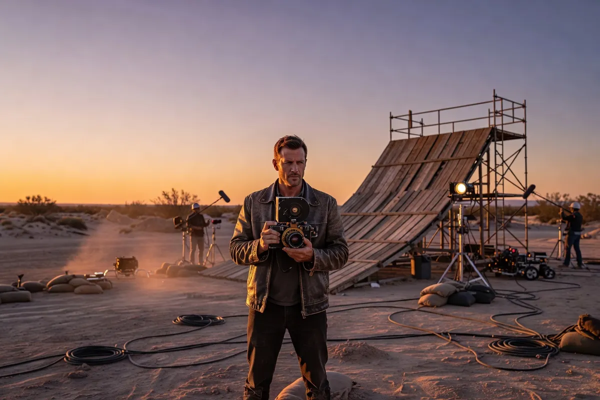 Cinéaste sur un plateau de tournage, caméra à l'épaule, au crépuscule