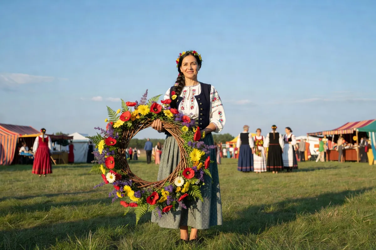 Femme en costume folklorique tenant une couronne de fleurs lors d'un festival d'été