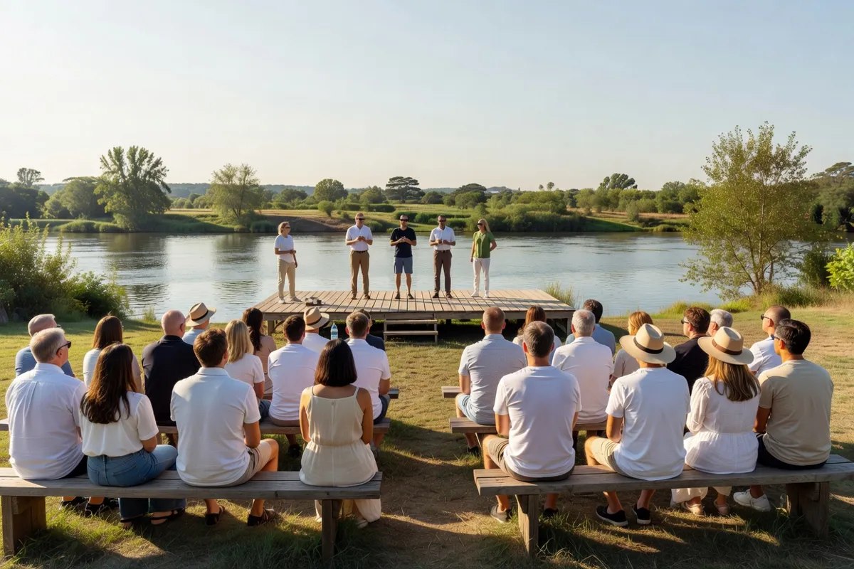 Public adulte assis sur des bancs devant une scène en plein air au bord d'une rivière