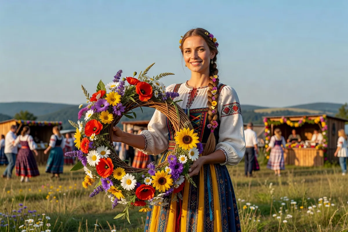 Femme en costume folklorique tenant une couronne de fleurs lors d'un festival d'été