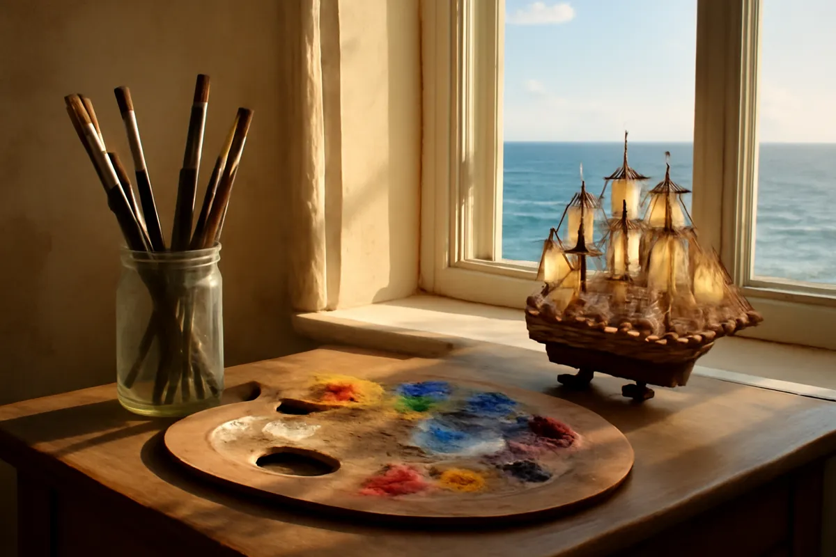 Palette, pinceaux et maquette de voilier en bois posés sur une table près d'une fenêtre ouverte sur la mer