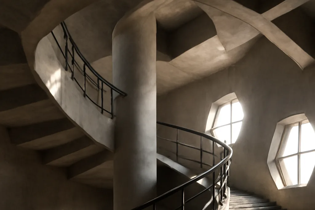 Intérieur d'un bâtiment constructiviste soviétique avec escalier en spirale et volumes géométriques