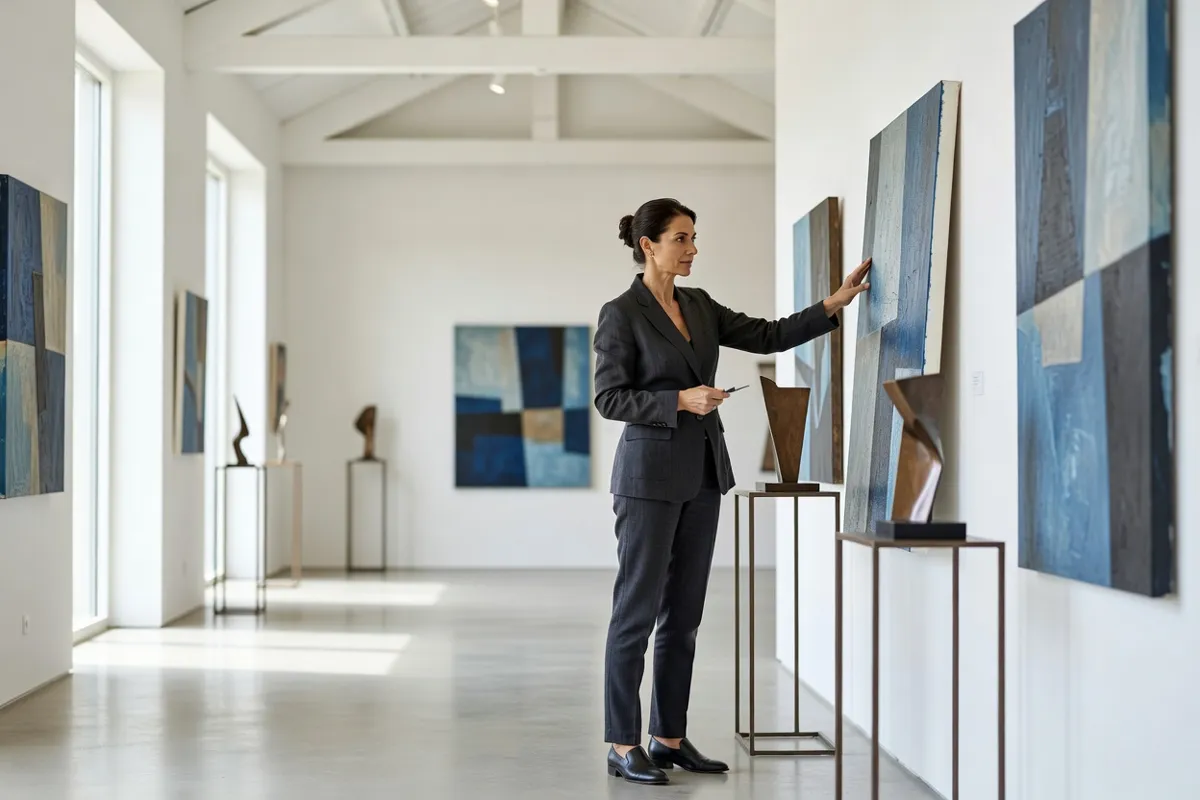 Galeriste installant des pièces dans un espace d'exposition lumineux