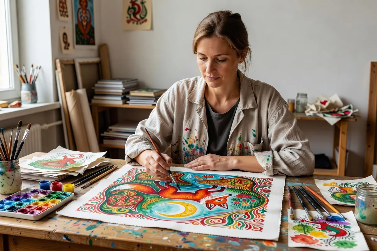 Illustratrice peignant une gouache de conte populaire sur sa table de travail