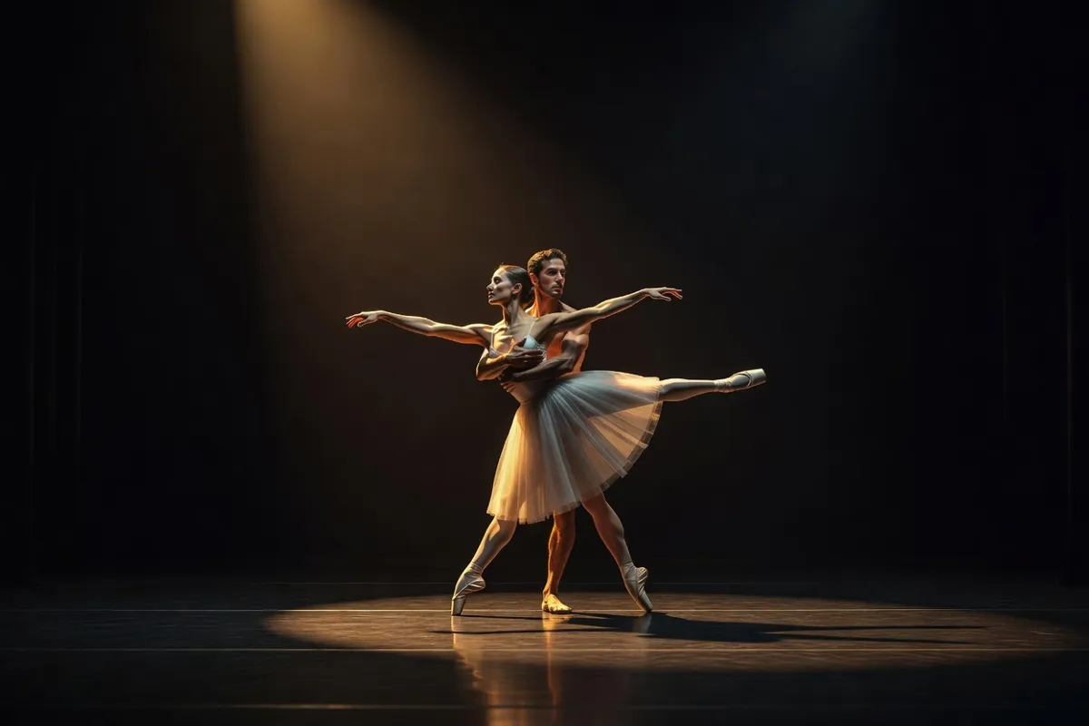 Couple de danseurs exécutant un pas de deux sous un projecteur chaud