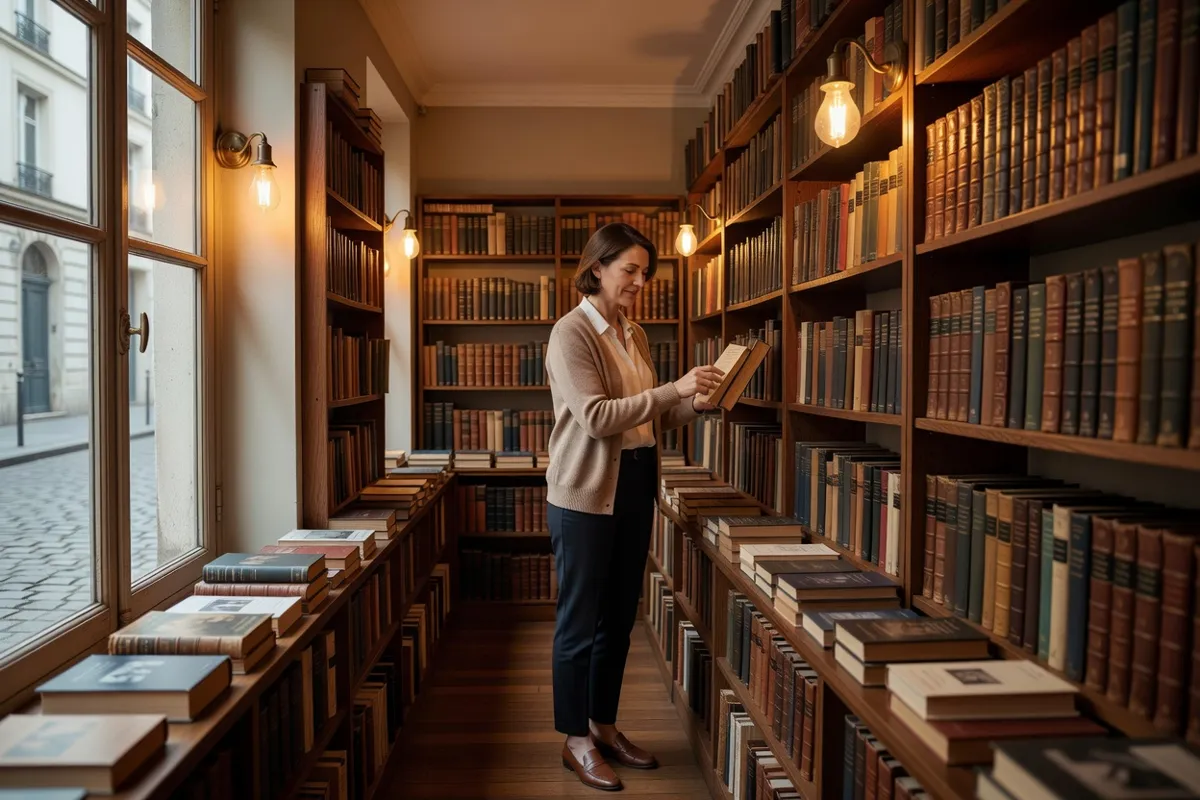 Femme feuilletant des livres dans une librairie parisienne aux lumières chaudes