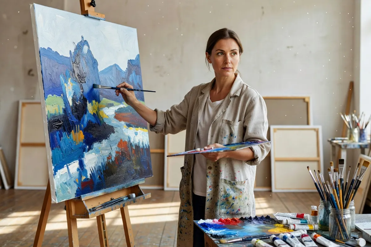 Peintre dans un atelier lumineux devant une grande toile