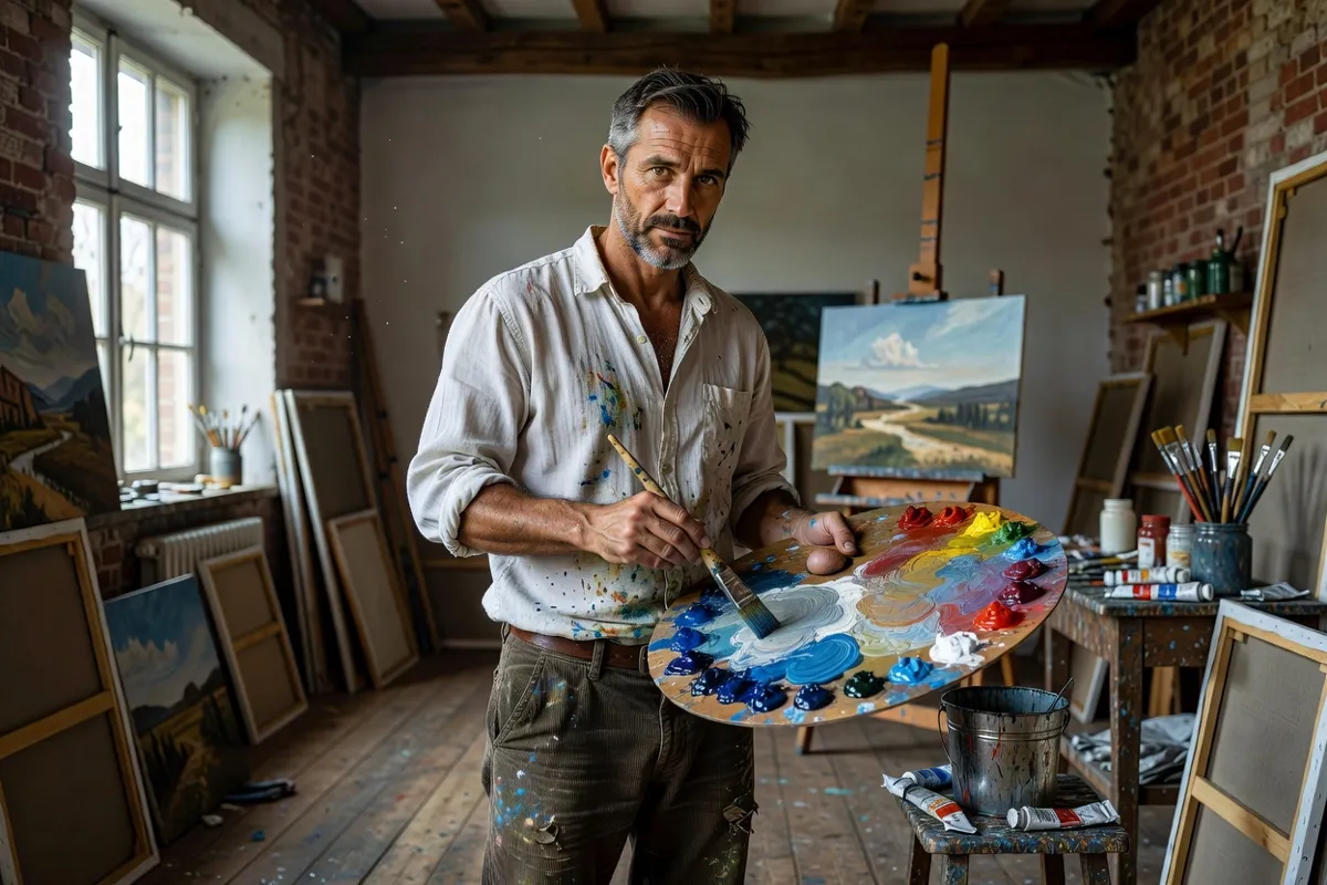 Peintre mélangeant des couleurs sur sa palette dans un atelier rustique éclairé au nord