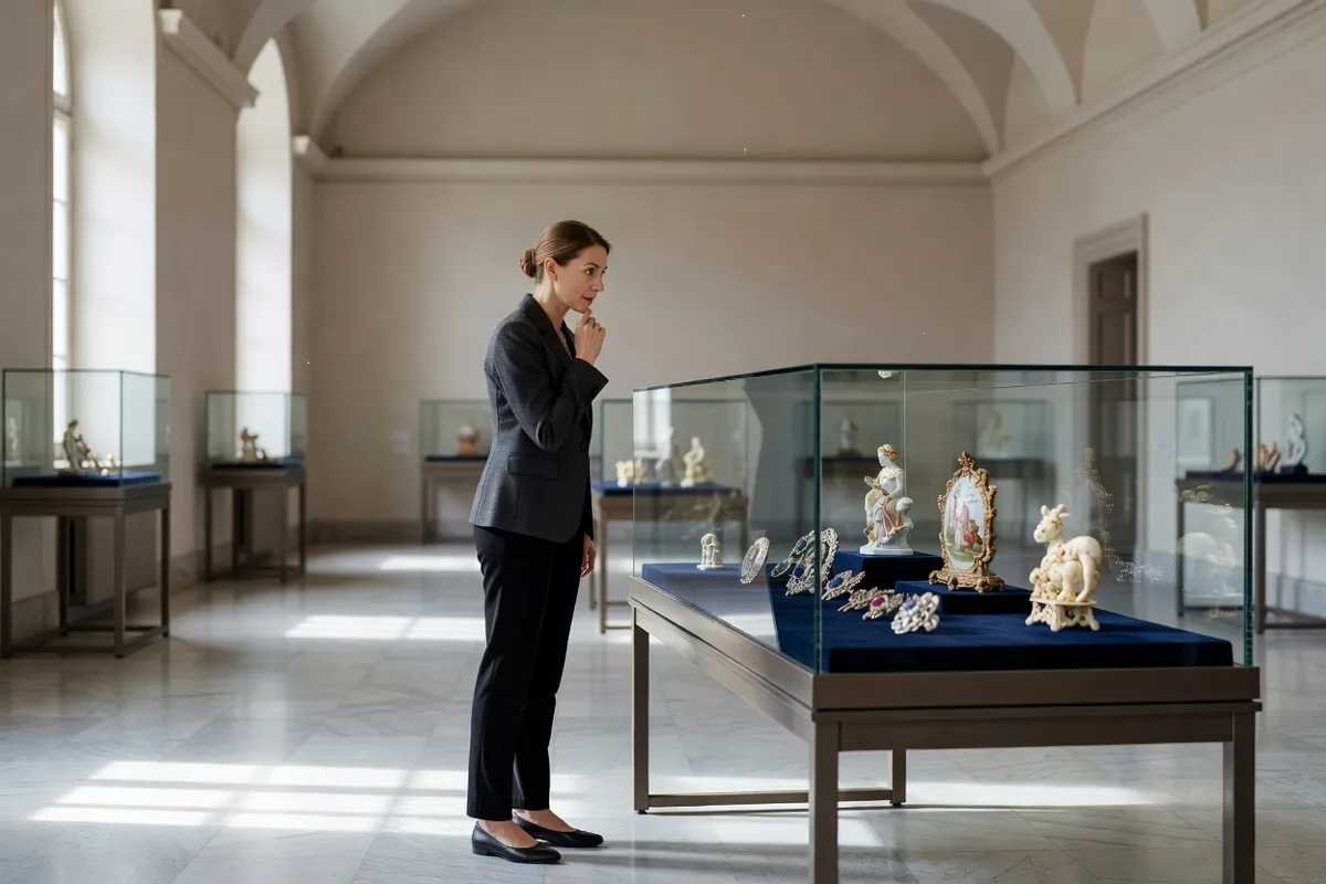 Visiteuse devant une vitrine d'objets décoratifs dans un musée