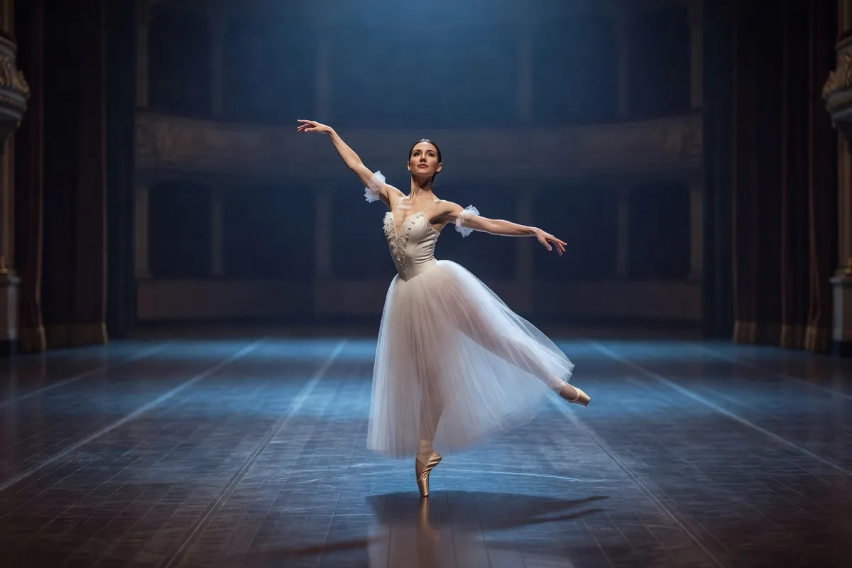 Danseuse en tutu romantique sur une scène de théâtre sous une lumière bleutée
