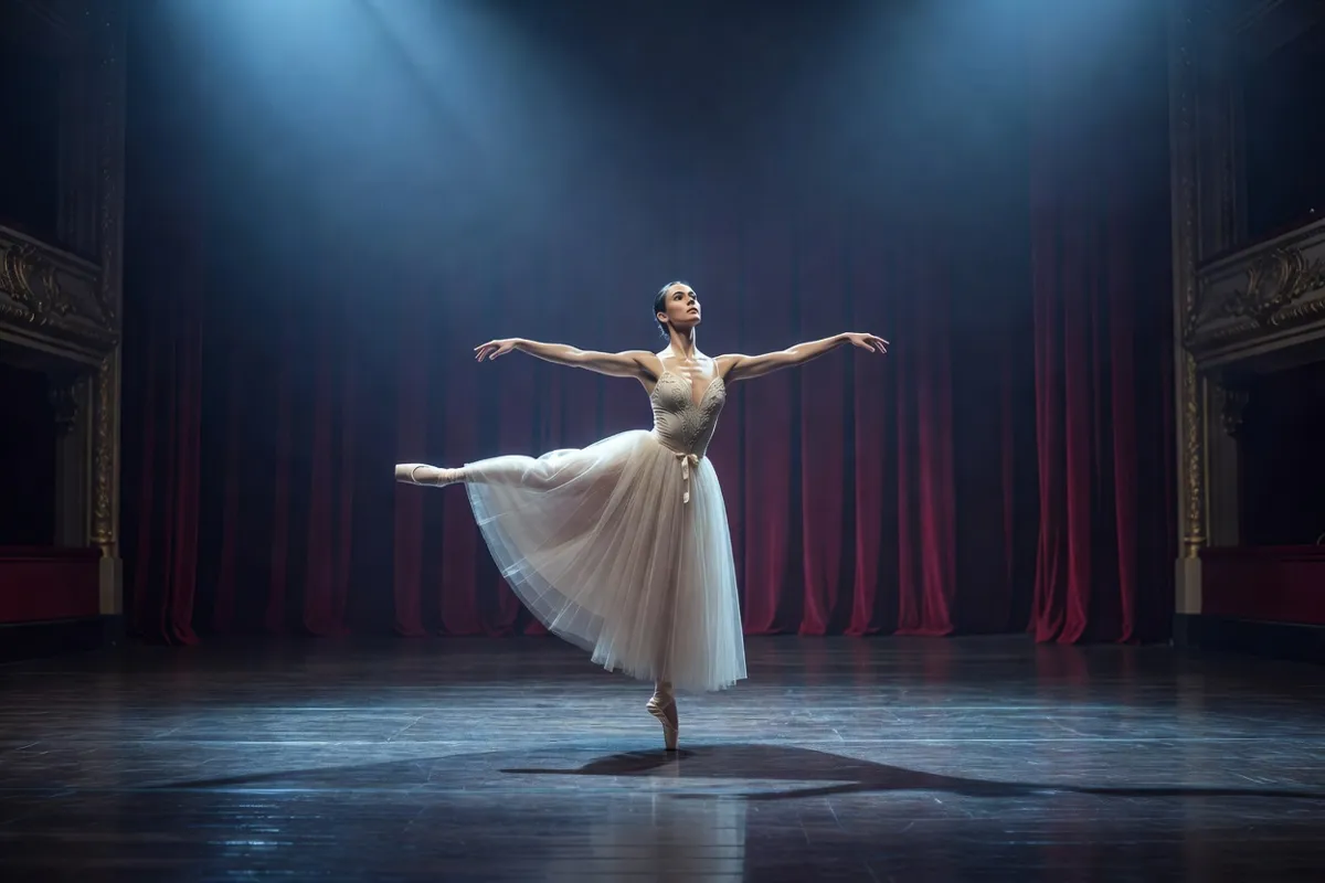 Danseuse en tutu romantique sur une scène de théâtre sous une lumière bleutée