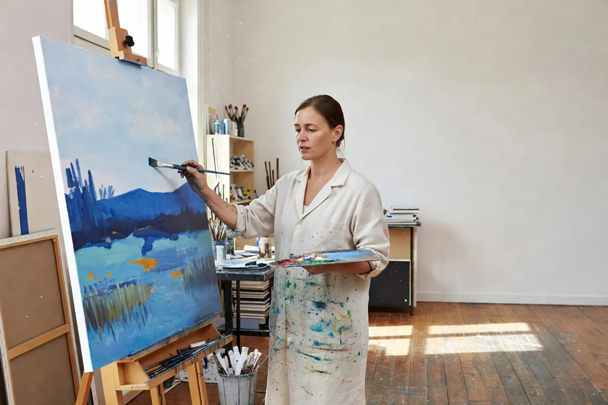 Peintre dans un atelier lumineux devant une grande toile
