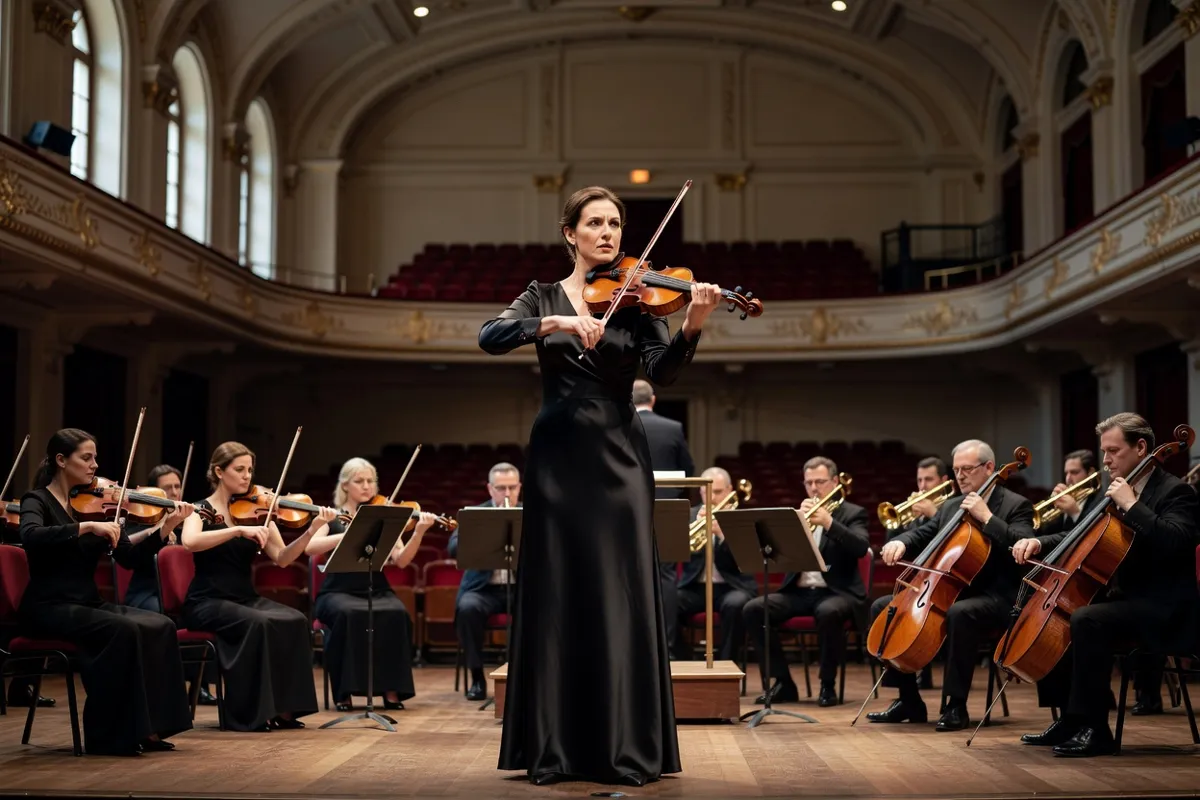 Violoniste soliste debout face à un orchestre dans une salle de concert