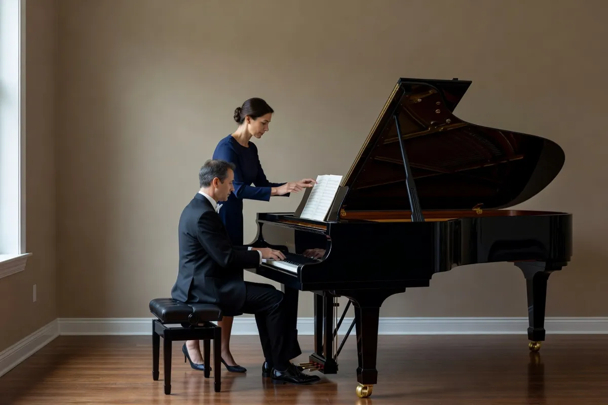 Pianiste et tourneuse de pages à un piano à queue dans une petite salle de récital