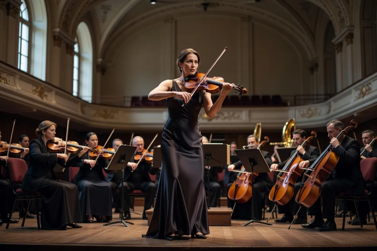 Violoniste soliste debout face à un orchestre dans une salle de concert