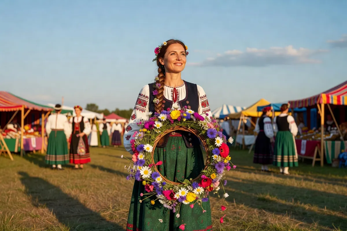 Femme en costume folklorique tenant une couronne de fleurs lors d'un festival d'été