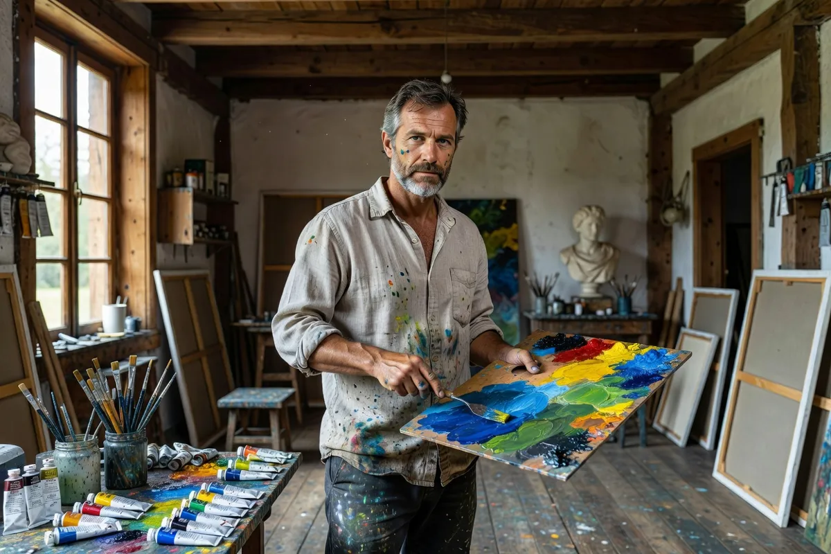 Peintre mélangeant des couleurs sur sa palette dans un atelier rustique éclairé au nord