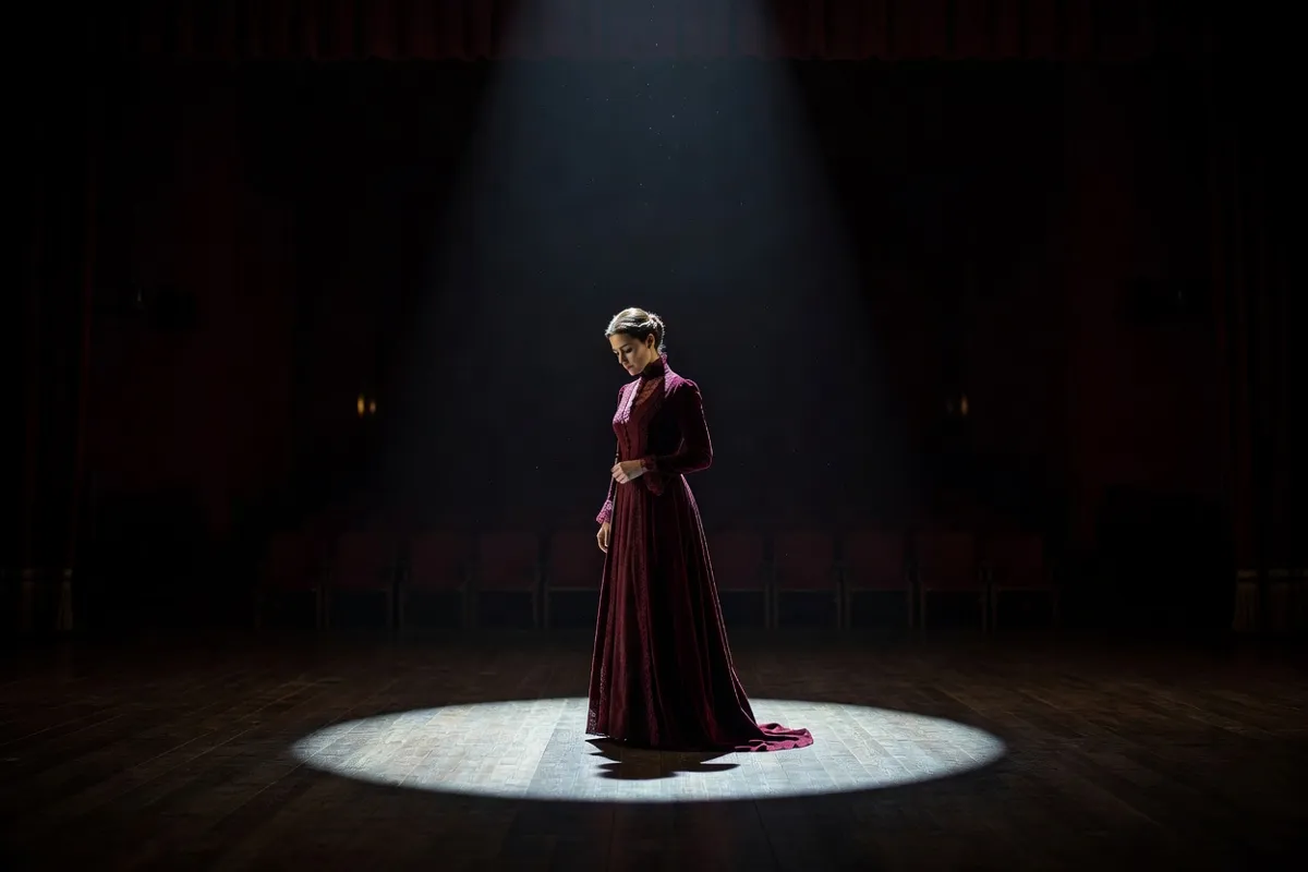 Comédienne en robe d'époque seule sur une scène sombre sous un projecteur