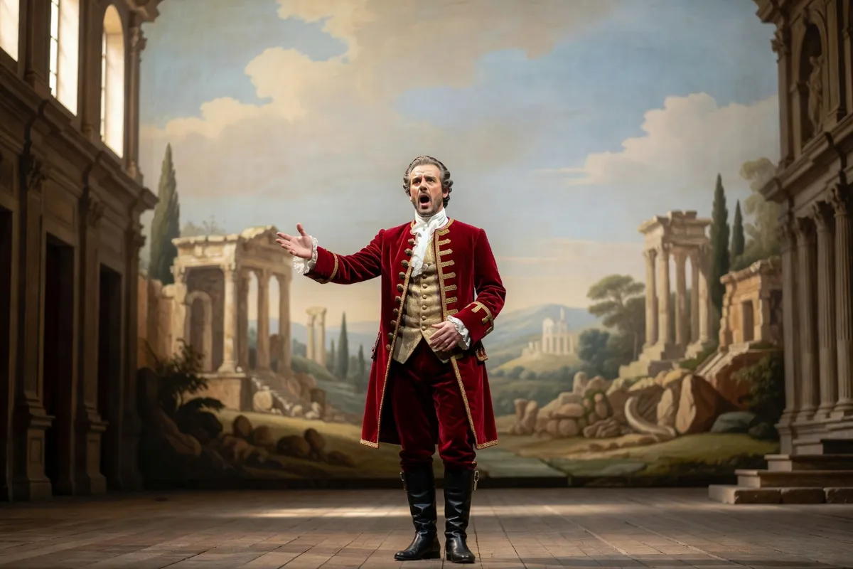 Chanteur d'opéra en costume historique sur une scène au décor peint