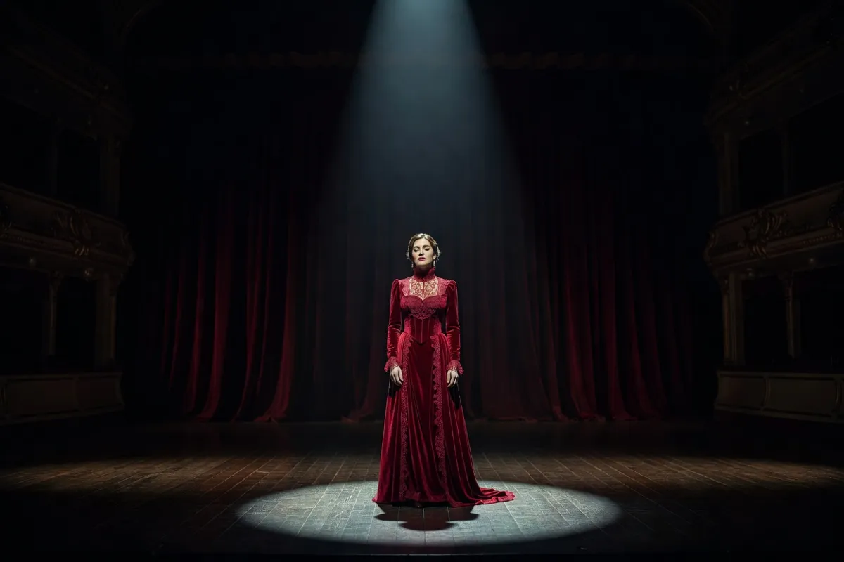 Comédienne en robe d'époque seule sur une scène sombre sous un projecteur
