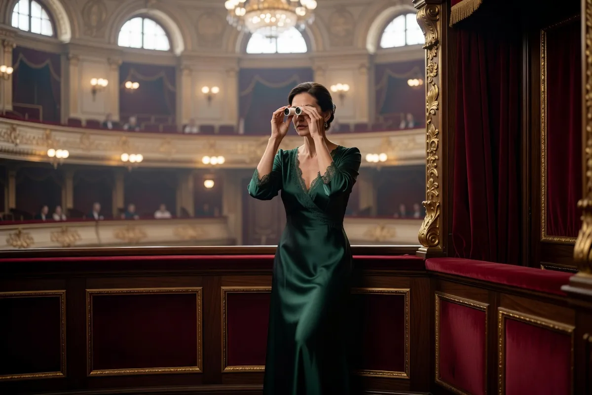 Spectatrice en robe de soirée regardant un opéra depuis une loge avec des jumelles