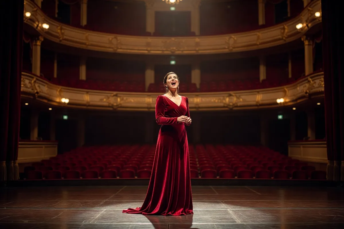Chanteuse d'opéra en longue robe sur une scène sous des projecteurs chauds