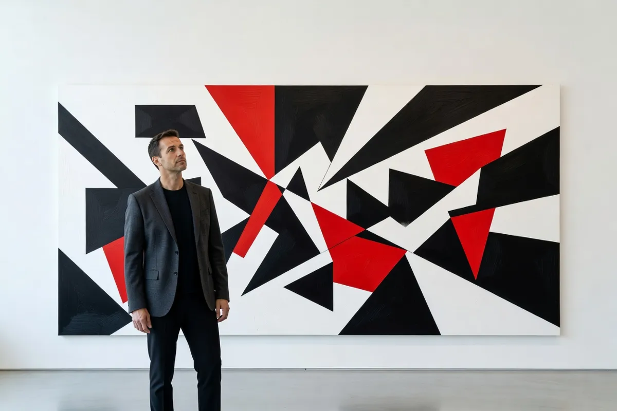 Visiteur devant une grande toile géométrique aux formes noires et rouges sur fond blanc