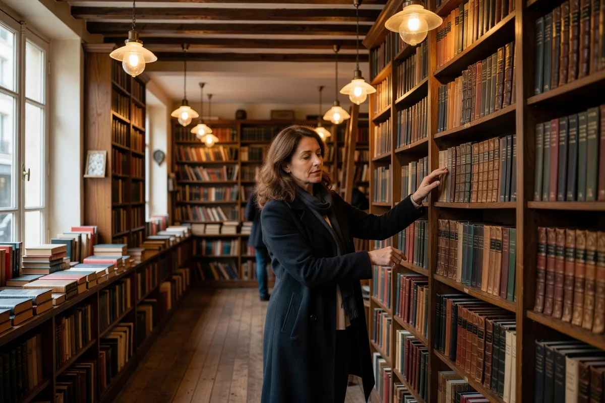 Femme feuilletant des livres dans une librairie parisienne aux lumières chaudes