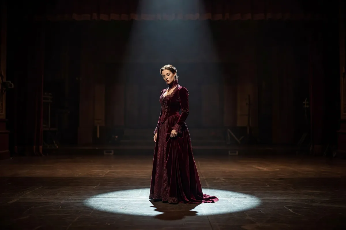 Comédienne en robe d'époque seule sur une scène sombre sous un projecteur
