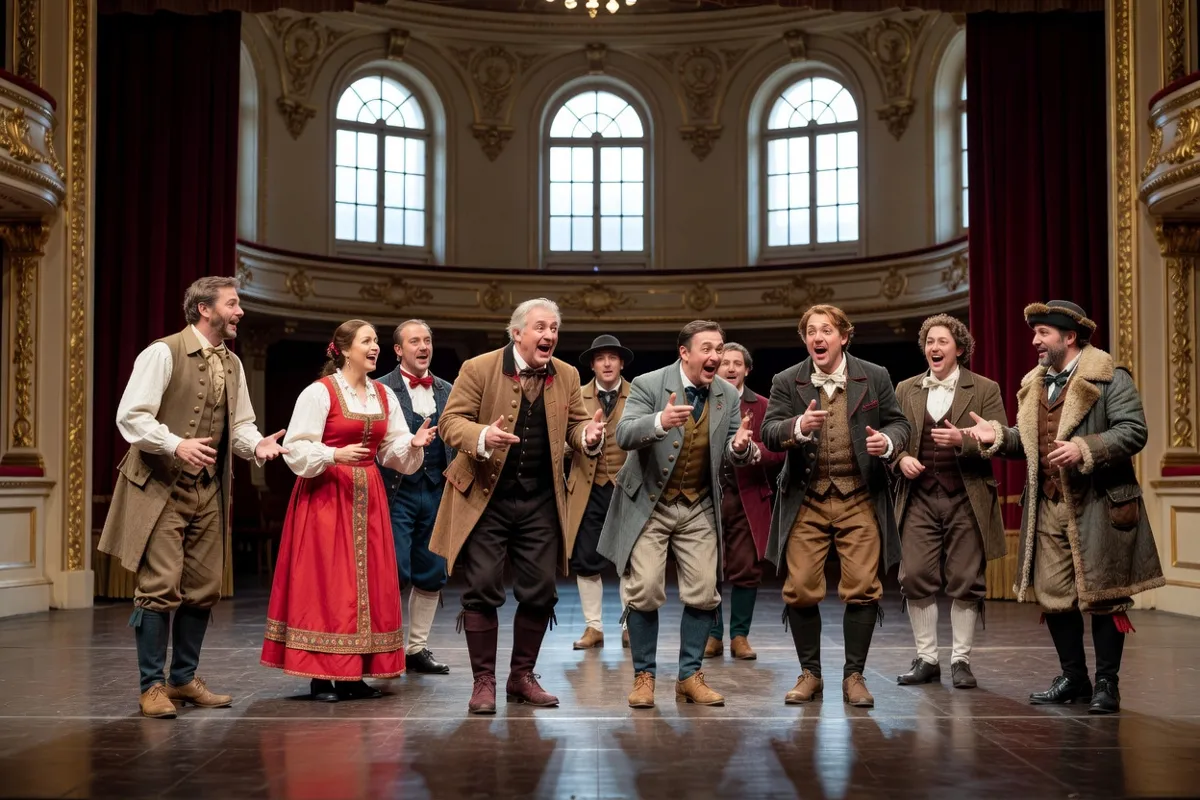 Comédiens en costumes provinciaux du XIXe siècle sur la scène d'un théâtre à l'italienne