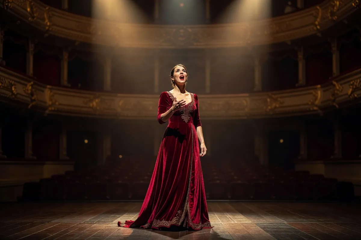 Chanteuse d'opéra en longue robe sur une scène sous des projecteurs chauds