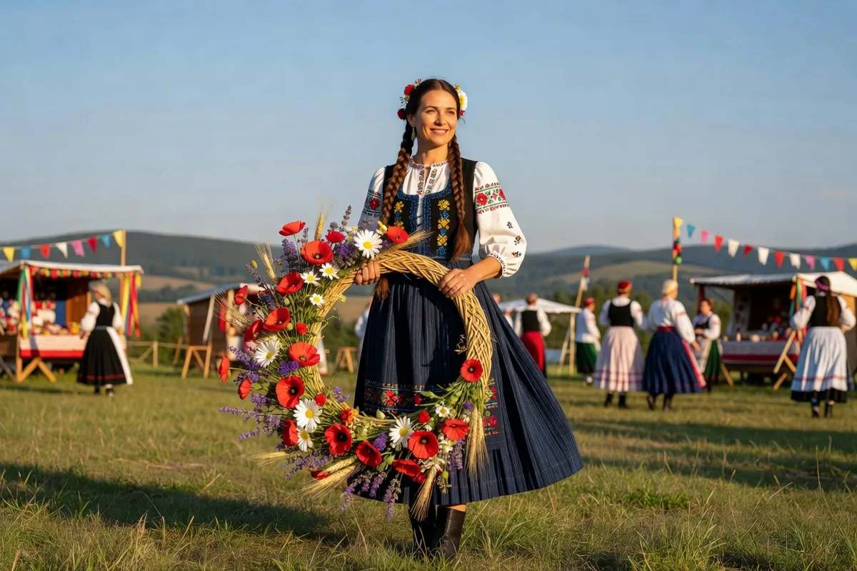 Femme en costume folklorique tenant une couronne de fleurs lors d'un festival d'été