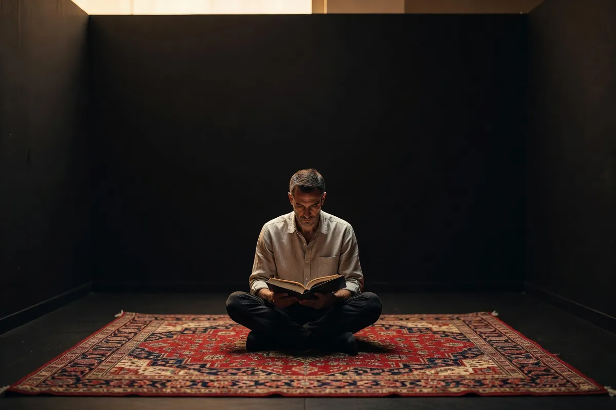Comédien assis sur un tapis persan lisant un livre dans une petite salle de théâtre à la lumière chaude