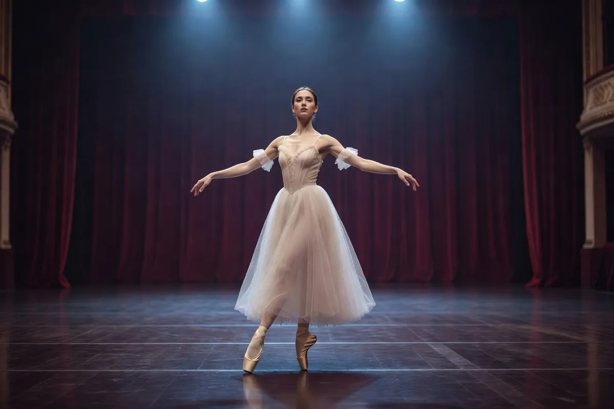Danseuse en tutu romantique sur une scène de théâtre sous une lumière bleutée