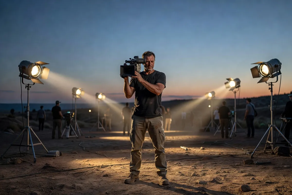 Réalisateur avec une caméra sur un plateau de tournage au crépuscule
