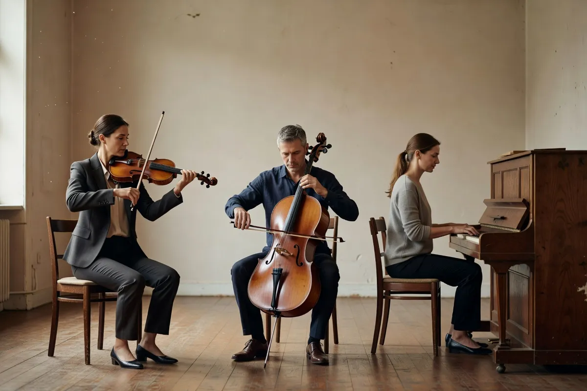 Trois musiciens d'un ensemble de chambre dans une salle modeste