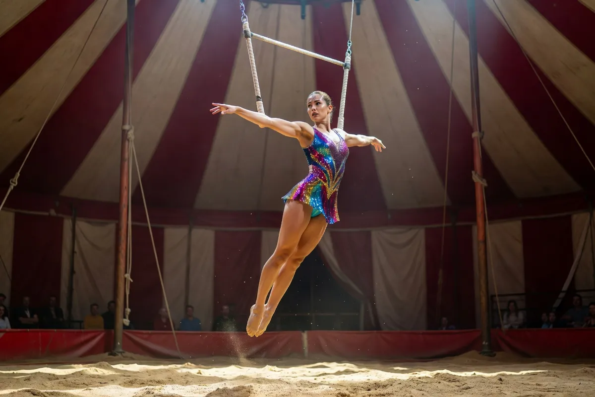 Acrobate en costume coloré sur un trapèze sous un chapiteau
