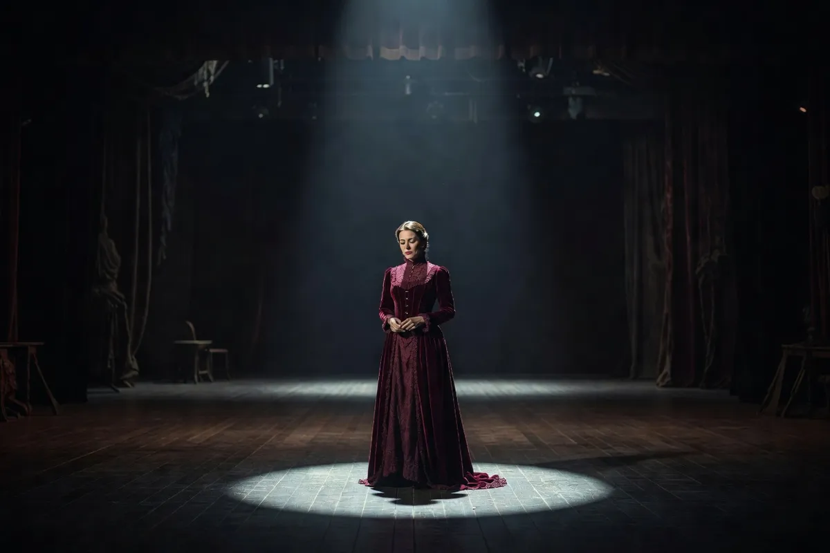 Comédienne en robe d'époque seule sur une scène sombre sous un projecteur