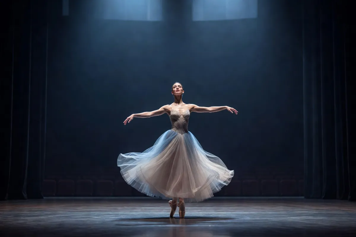 Danseuse en tutu romantique sur une scène de théâtre sous une lumière bleutée