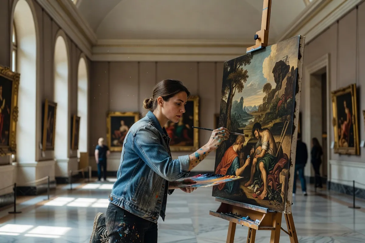 Étudiante en art copiant un tableau dans un musée devant son chevalet