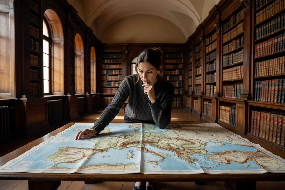 Femme étudiant une grande carte de l'Europe dans une bibliothèque