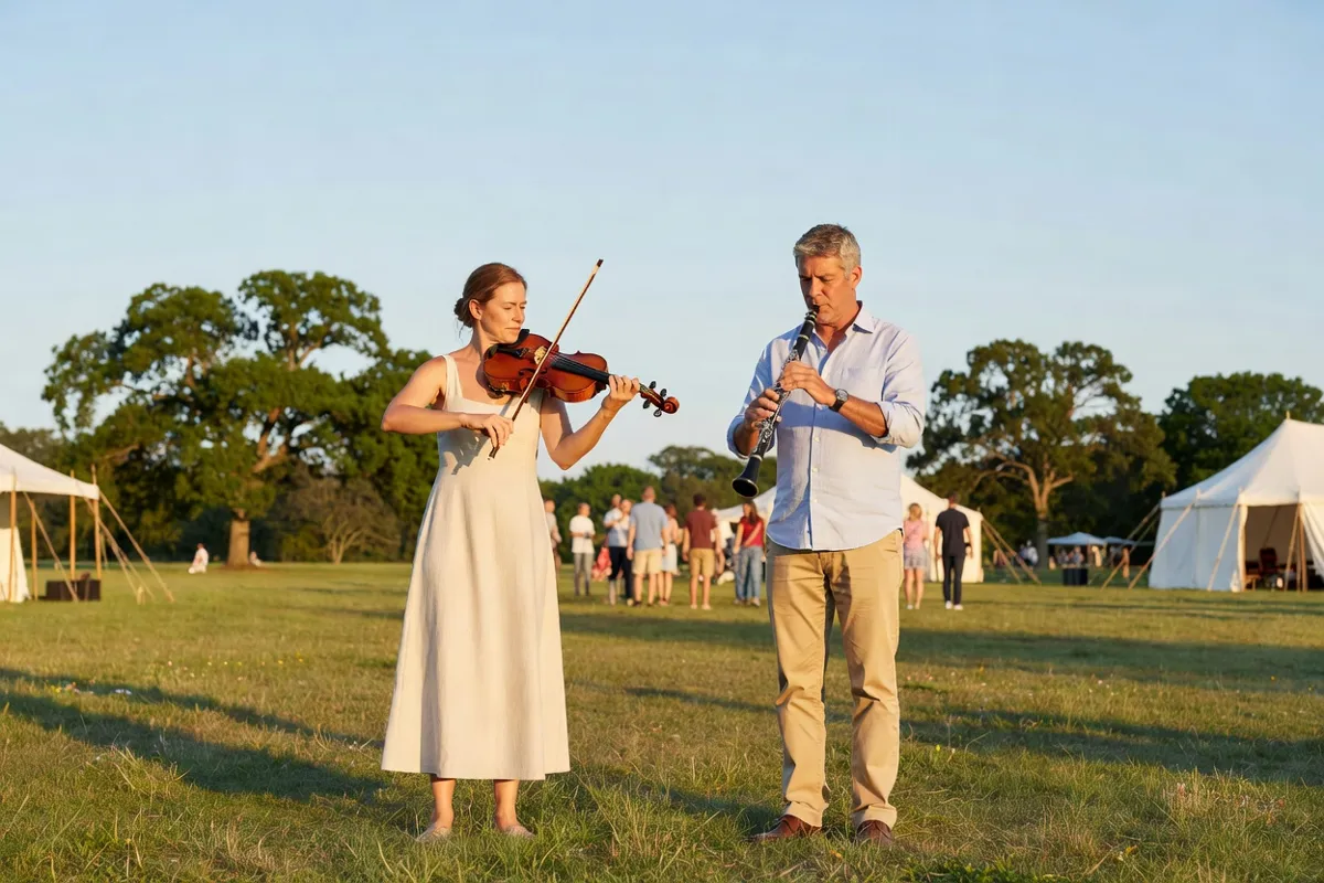 Musiciens jouant violon et clarinette lors d'un festival d'été en plein air
