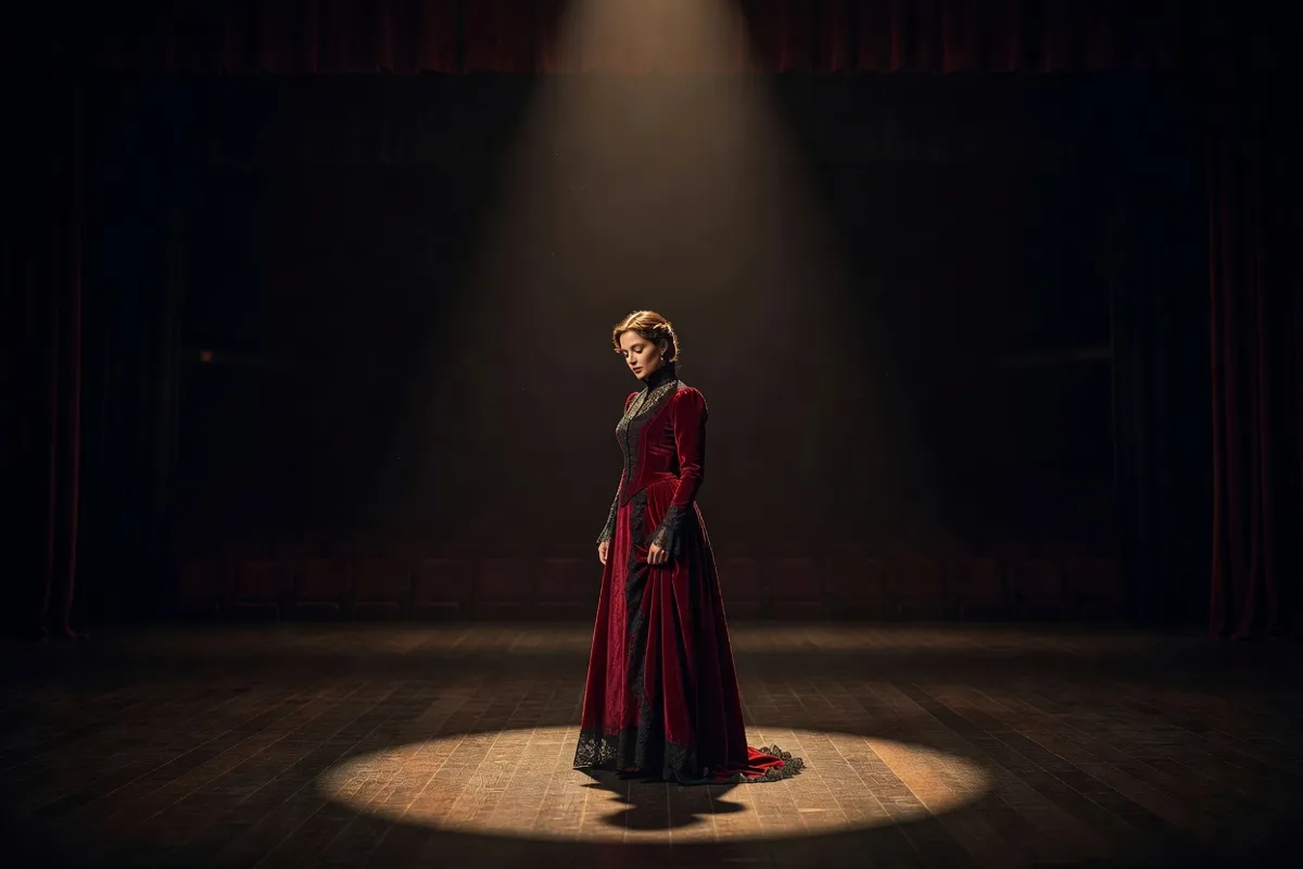 Comédienne en robe d'époque seule sur une scène sombre sous un projecteur
