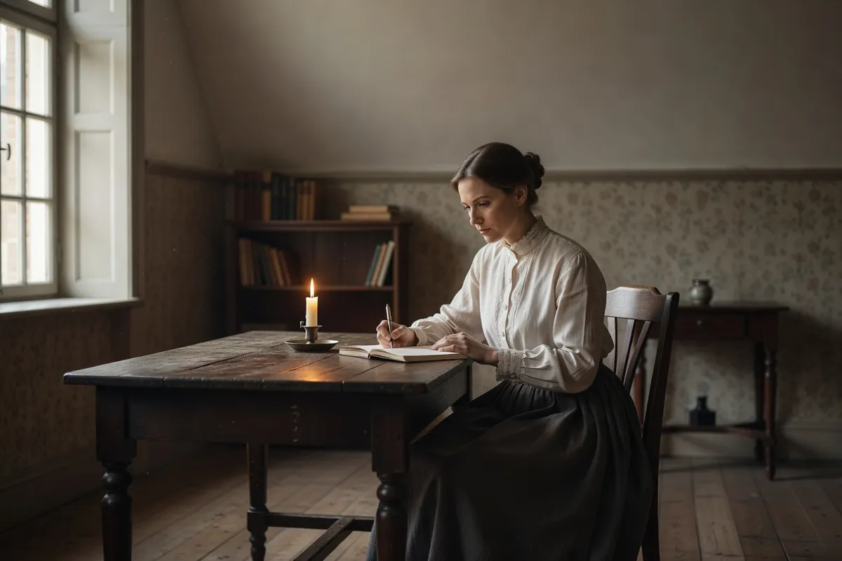 Poétesse écrivant dans un carnet à la bougie à une table de bois, intérieur d'époque