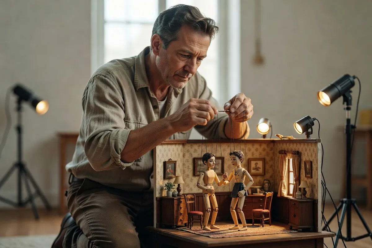 Animateur déplaçant une petite marionnette sur un décor miniature éclairé