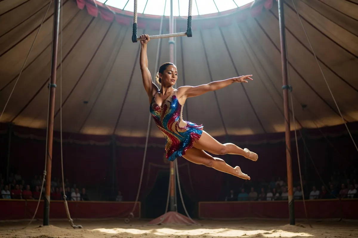 Acrobate en costume coloré sur un trapèze sous un chapiteau