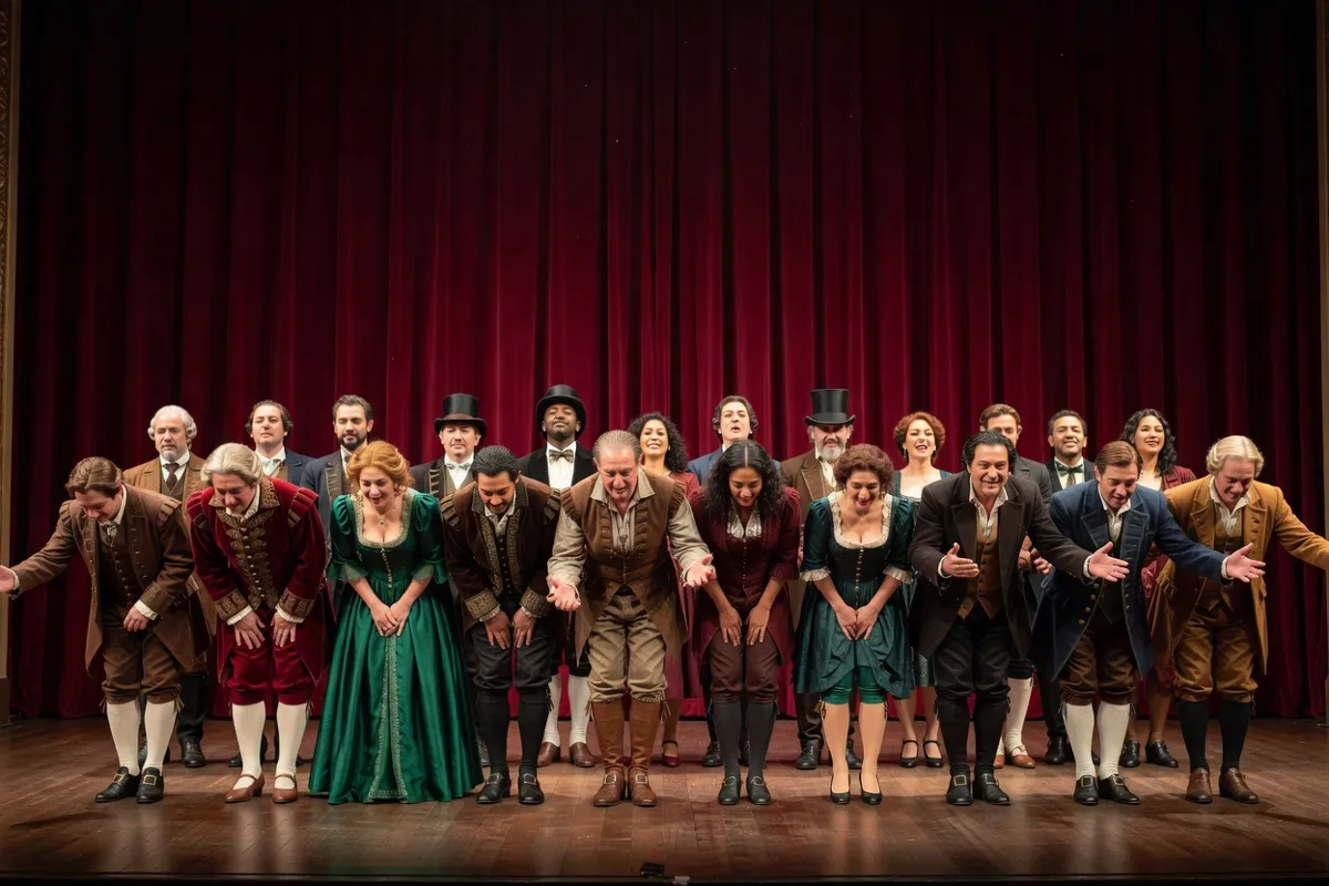 Comédiens en costumes saluant devant un rideau rouge sur une scène de théâtre