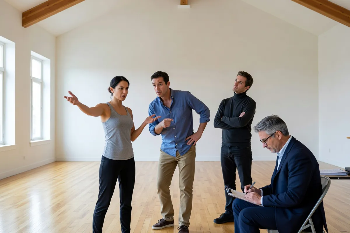 Comédiens en répétition dans une salle claire avec un metteur en scène prenant des notes