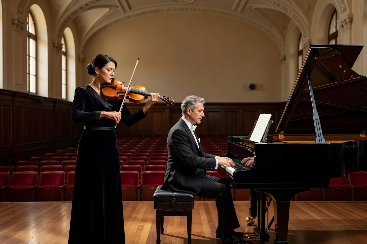 Violoniste et pianiste en duo dans une salle de récital
